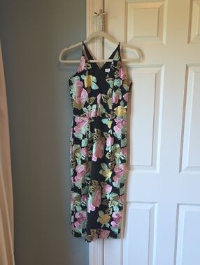 Dress the Population Black Floral Dress with Pink and Green Accents